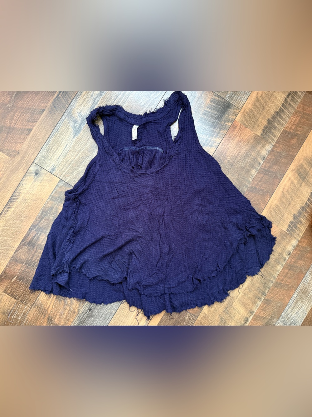 Free People Navy Waffle Texture Hugh/Low Racerback with frayed edge